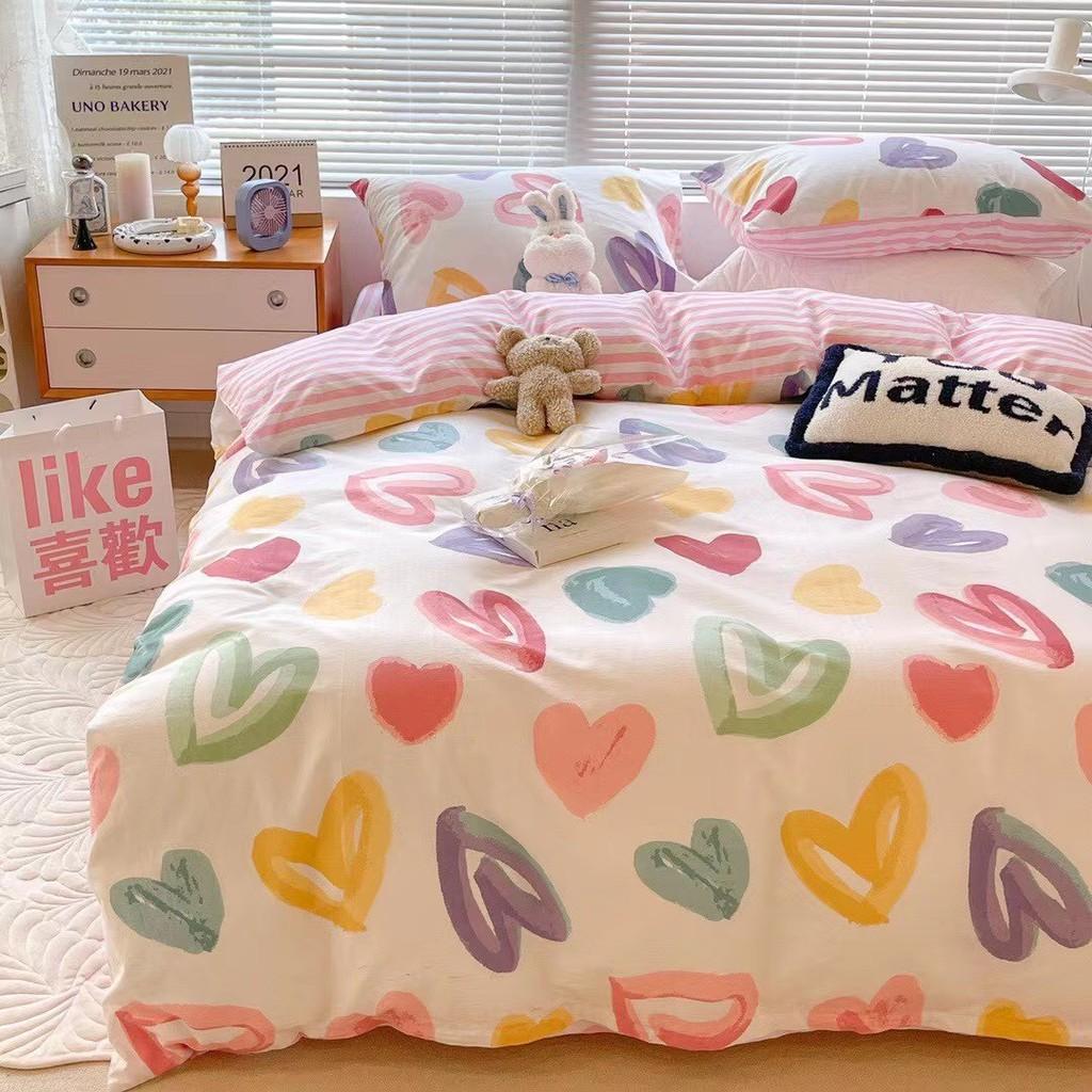 Bộ chăn ga gối Cotton poly M2T Bedding Tim mộng mơ, vỏ chăn mền, drap nệm và 2 vỏ gối