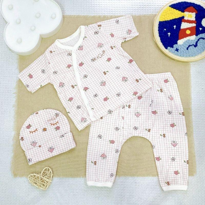BỘ SƠ SINH GÀI NÚT 3 MÓN (Áo, Quần, Nón) HotGa cho bé dưới 6kg