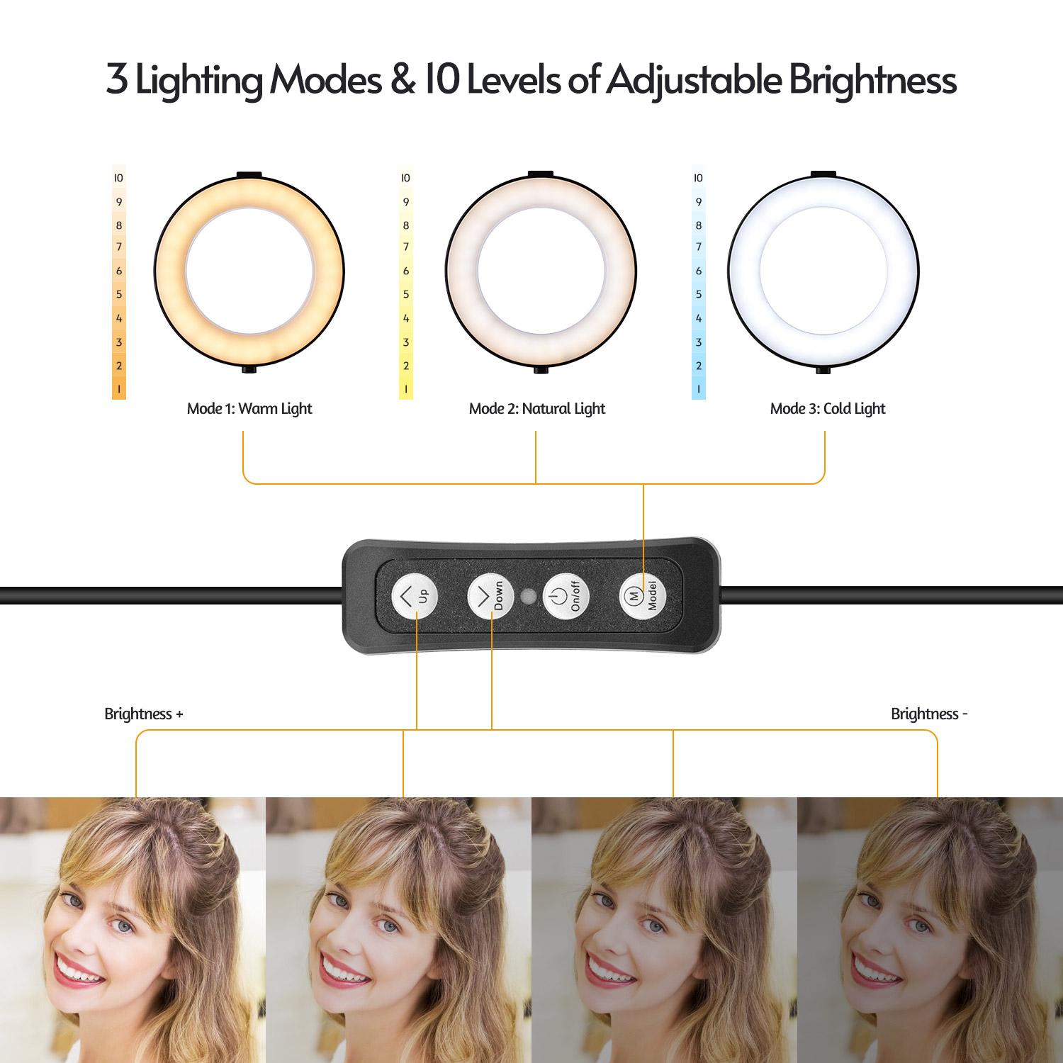Đèn LED vòng 6 inch chụp ảnh USB 3 chế độ chiếu sáng Có thể điều chỉnh độ sáng với giá đỡ điện thoại + Ballhead