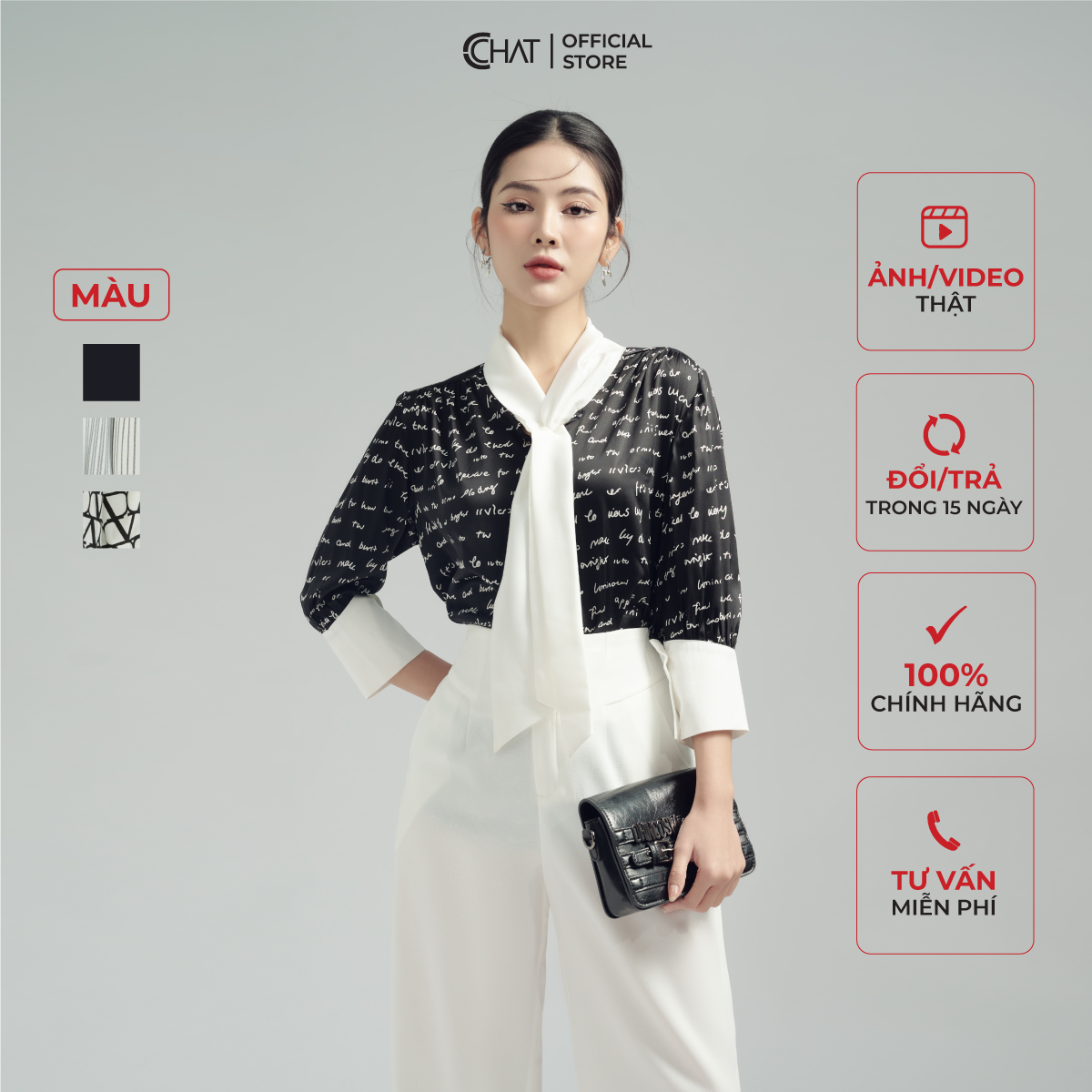 Sơ Mi Vai Nhún Cổ Nơ CCHAT Dáng Suông Chất Lụa Mềm Mại 53FNL8003ST