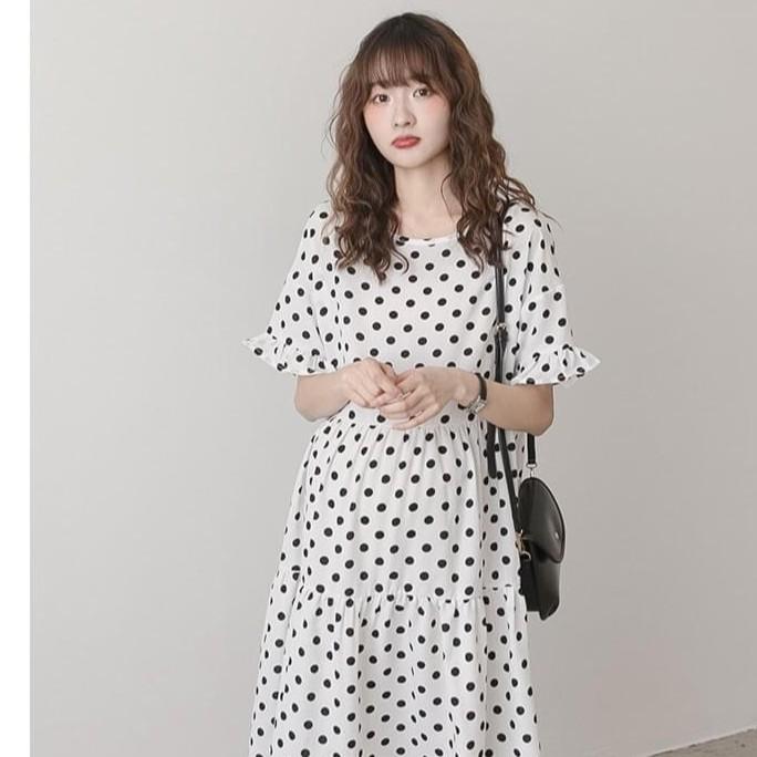 Váy bầu đầm bầu công sở chấm bi trắng