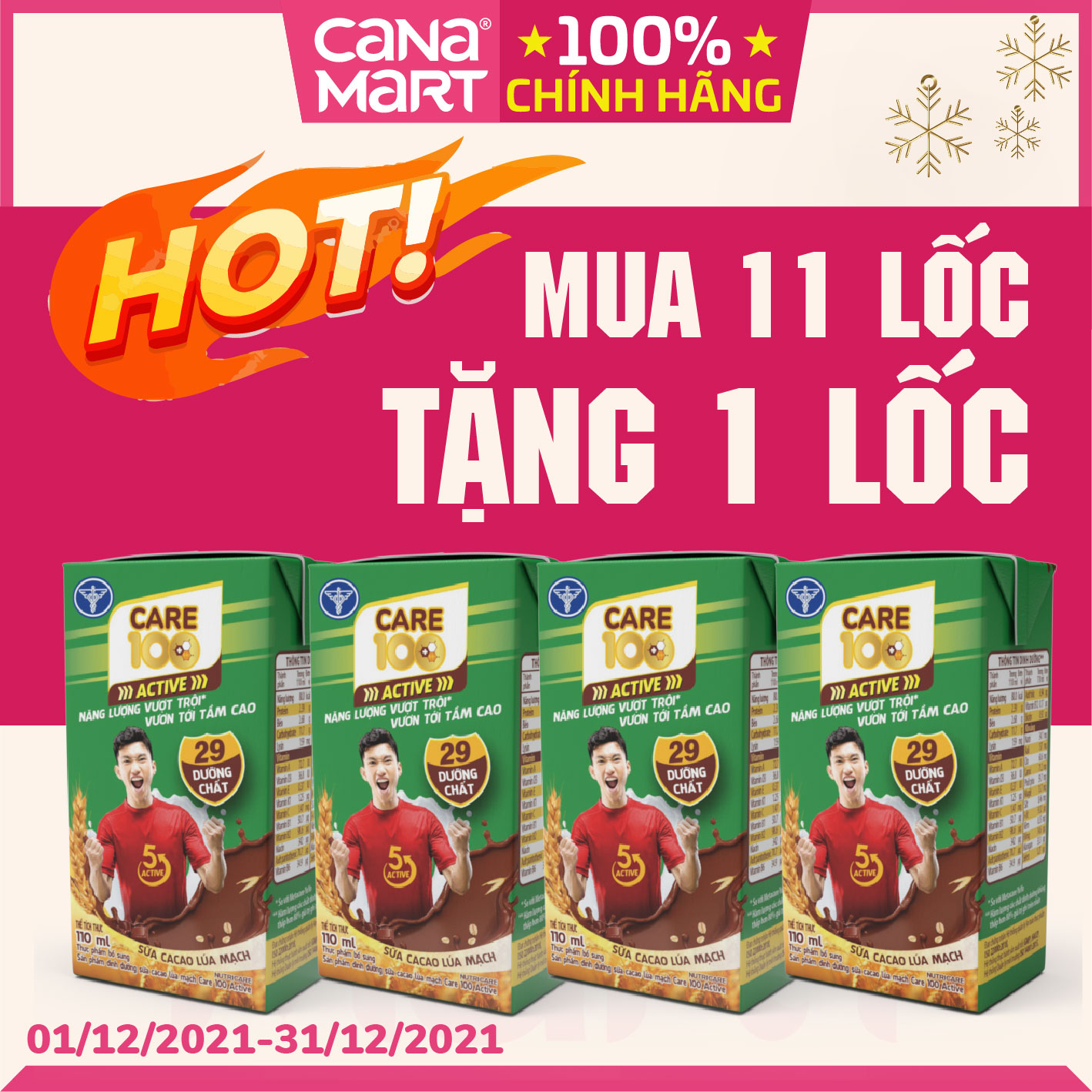 Thùng sữa nước ca cao lúa mạch Nutricare Care 100 Active giúp trẻ phát triển chiều cao (110ml)