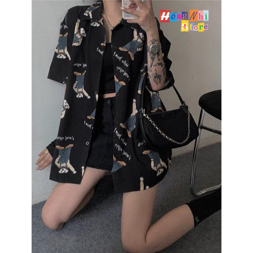 Áo Sơ Mi Hoạ Tiết Tay Lỡ Dáng Rộng, Sơ Mi Hoạt Hình Tay Lửng Unisex - MM