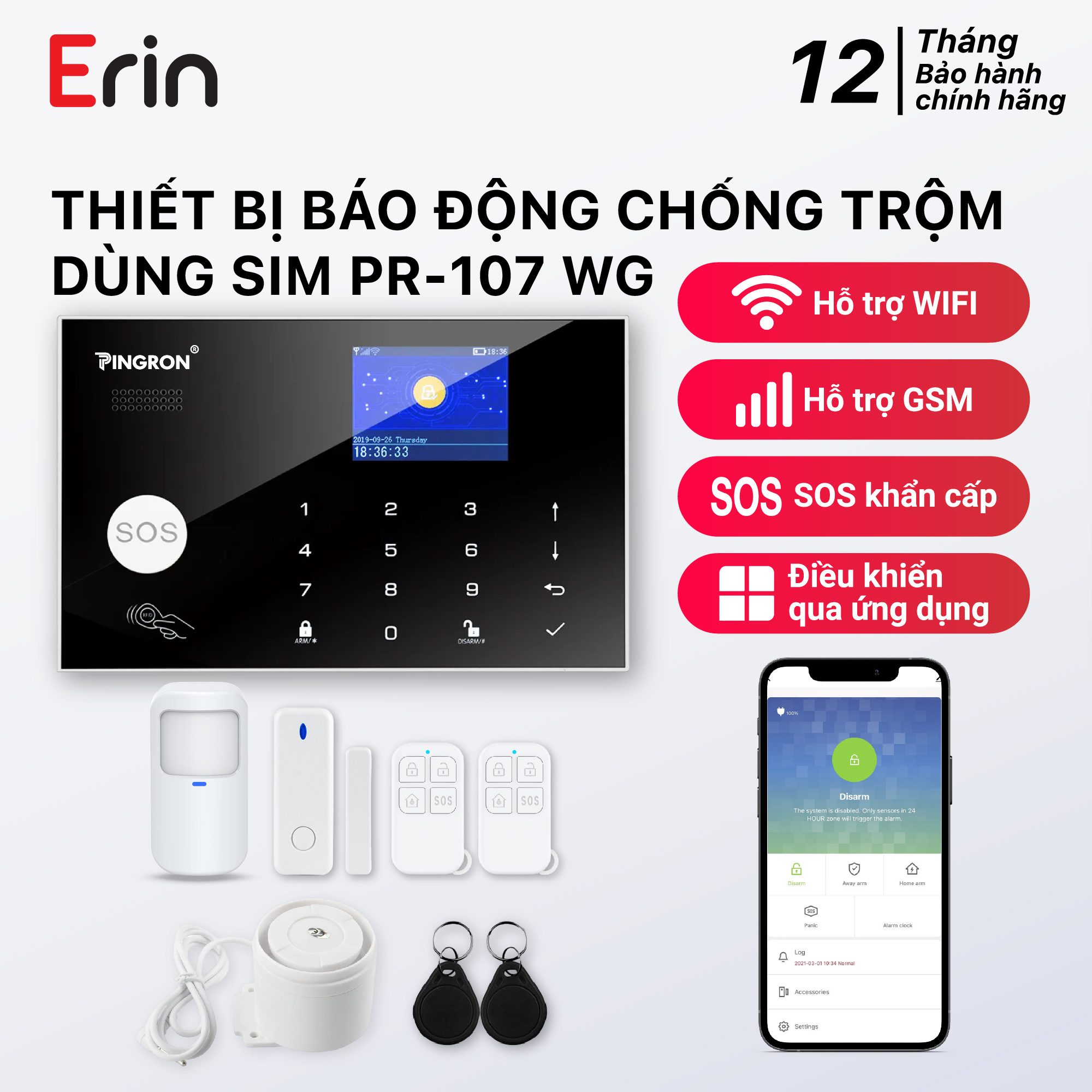 Hình ảnh Thiết bị chống trộm dùng sim chuông báo động chống trộm PINGRON PR-107WG - Báo động qua điện thoại và có hỗ trợ wifi, điều khiển trên ứng dụng