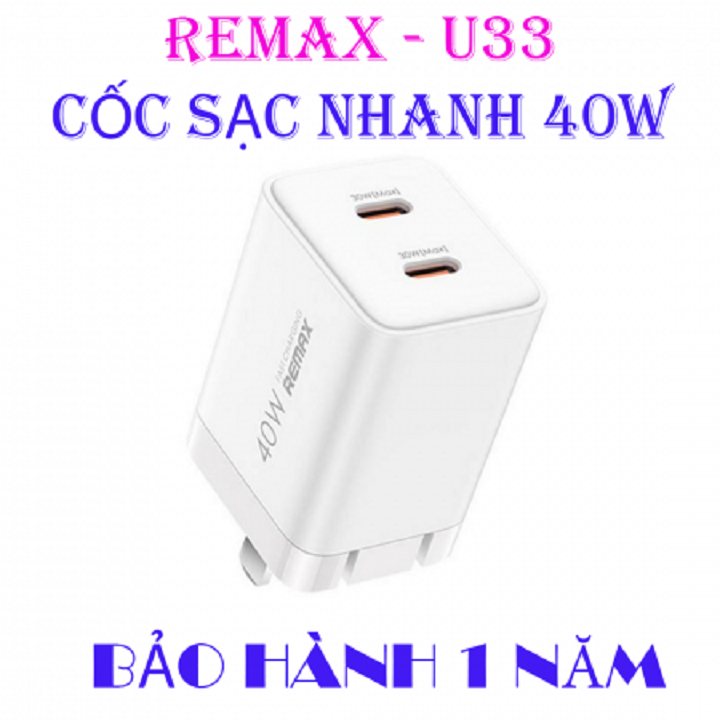 CỐC SẠC SIÊU NHANH REMAX RP-U33 - 40W , HỔ TRỢ 2 CỔNG TYPE-C - JL - HÀNG CHÍNH HÃNG