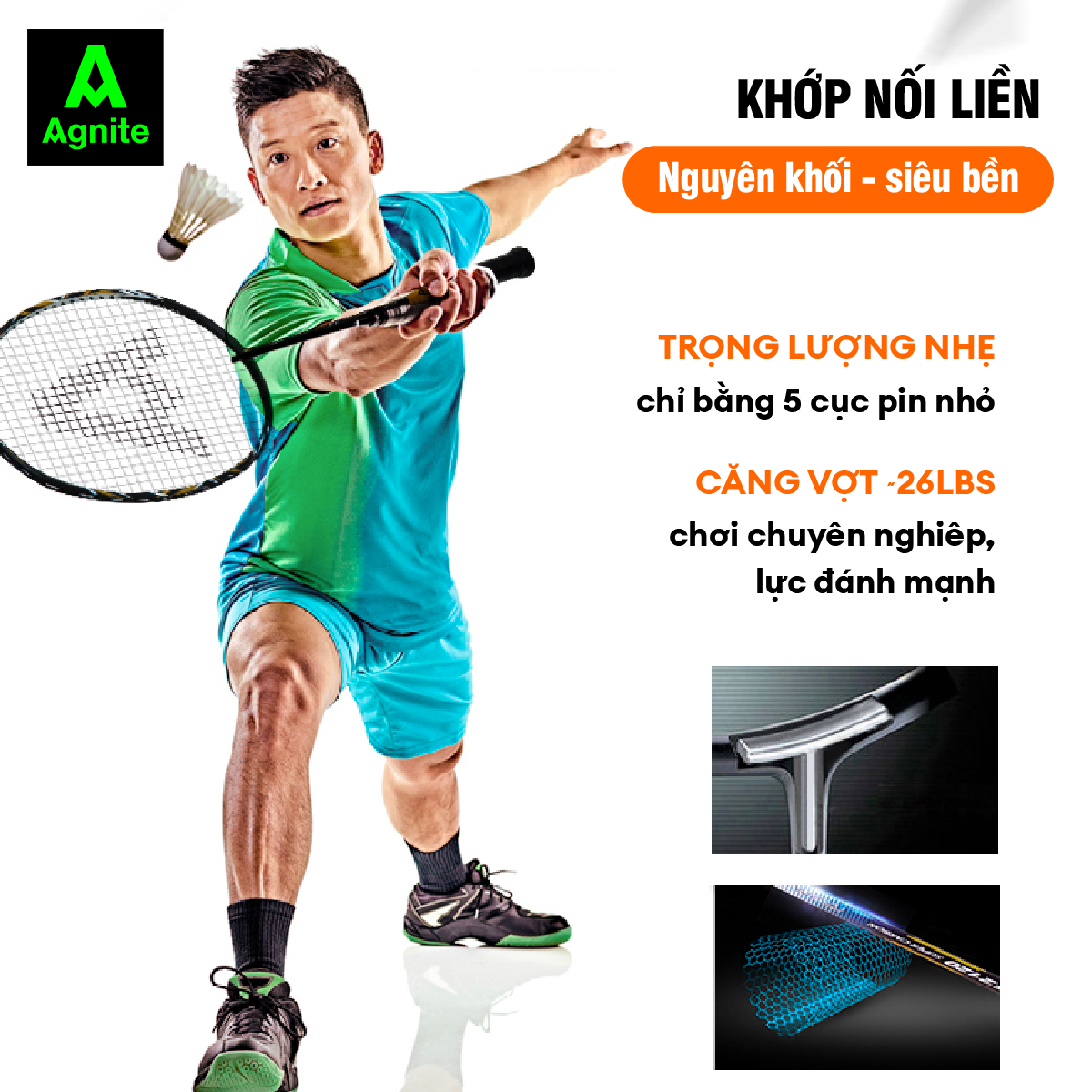 Vợt cầu lông đơn cao cấp chơi chuyên nghiệp Agnite, 100% CARBON, khớp nối liền siêu bền nhẹ tặng kèm phụ kiện