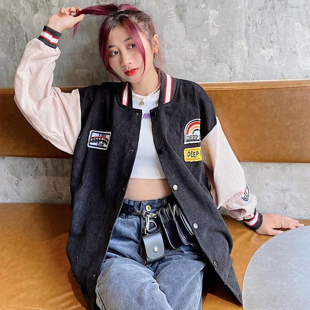 Áo Khoác Nhung THIFU FASHION Nhung Gân Mềm Mịn Tay Phồng Thêu Hình DEEP END Sắc Nét