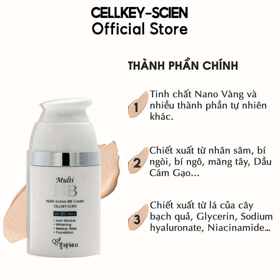 Combo 2 Kem Nền Che Khuyết Điểm Kiềm Dầu Chống Nắng Dưỡng Da Ngăn Ngừa Lão Hóa Công Nghệ Nano Vàng Cellkey-Scien Multi Action BB Cream