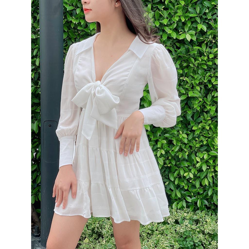 Đầm cột nơ trắng vải hoạ tiết