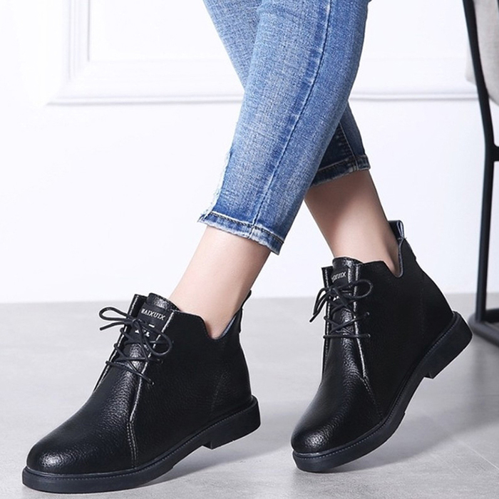 Lady's Leather Ankle Boots Low tube lace-up locomotive boots