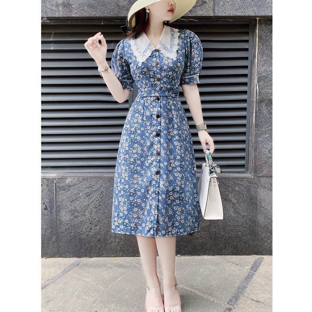 Đầm Xòe Hoa Xanh Cổ Sen Trắng