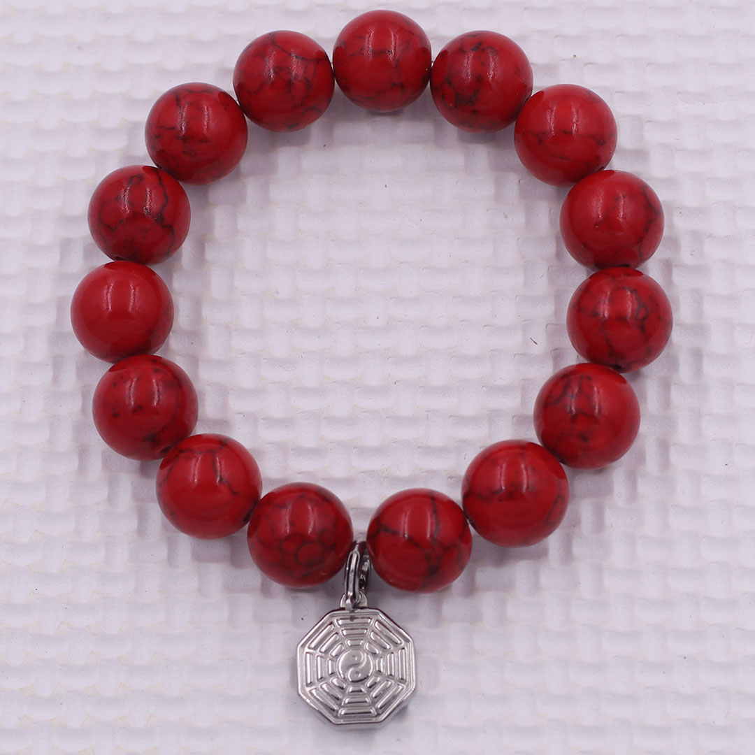 Vòng chuỗi đeo tay san hô đỏ sọc charm bát quái inox, vòng tay hạt chuỗi, vòng chuỗi phong thủy, vòng tay nam nữ