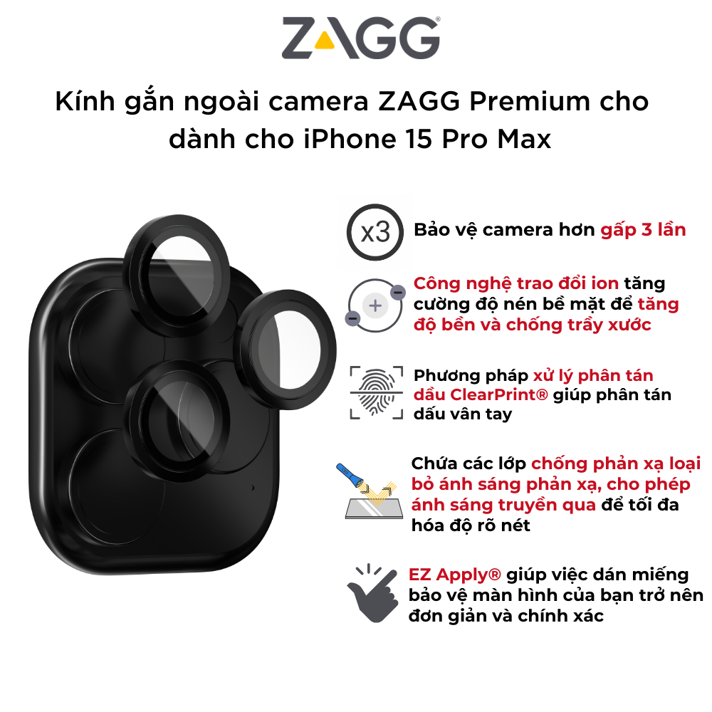 Kính gắn ngoài CAMERA ZAGG Premium cho iPhone - dành cho iP 15/ 15 Plus - Hàng chính hãng