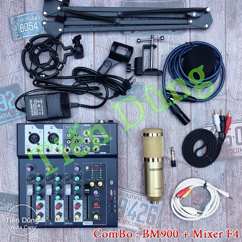 Combo mic thu âm bm900 bàn mixer f4 bluetooth chân dây ma2 zắc 6.5 dây truyền nhạc- Bộ mic thu âm đầy đủ