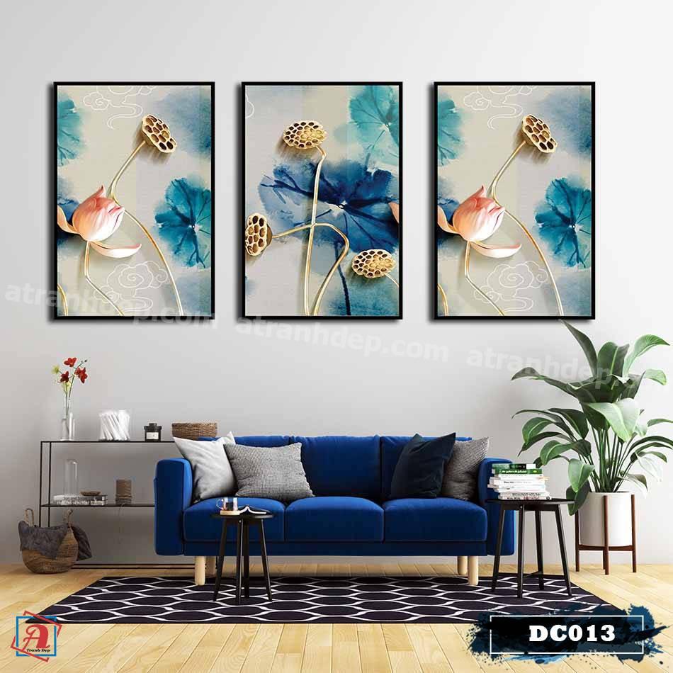 Bộ 3 tranh canvas treo tường decor hoa sen vàng - DC013