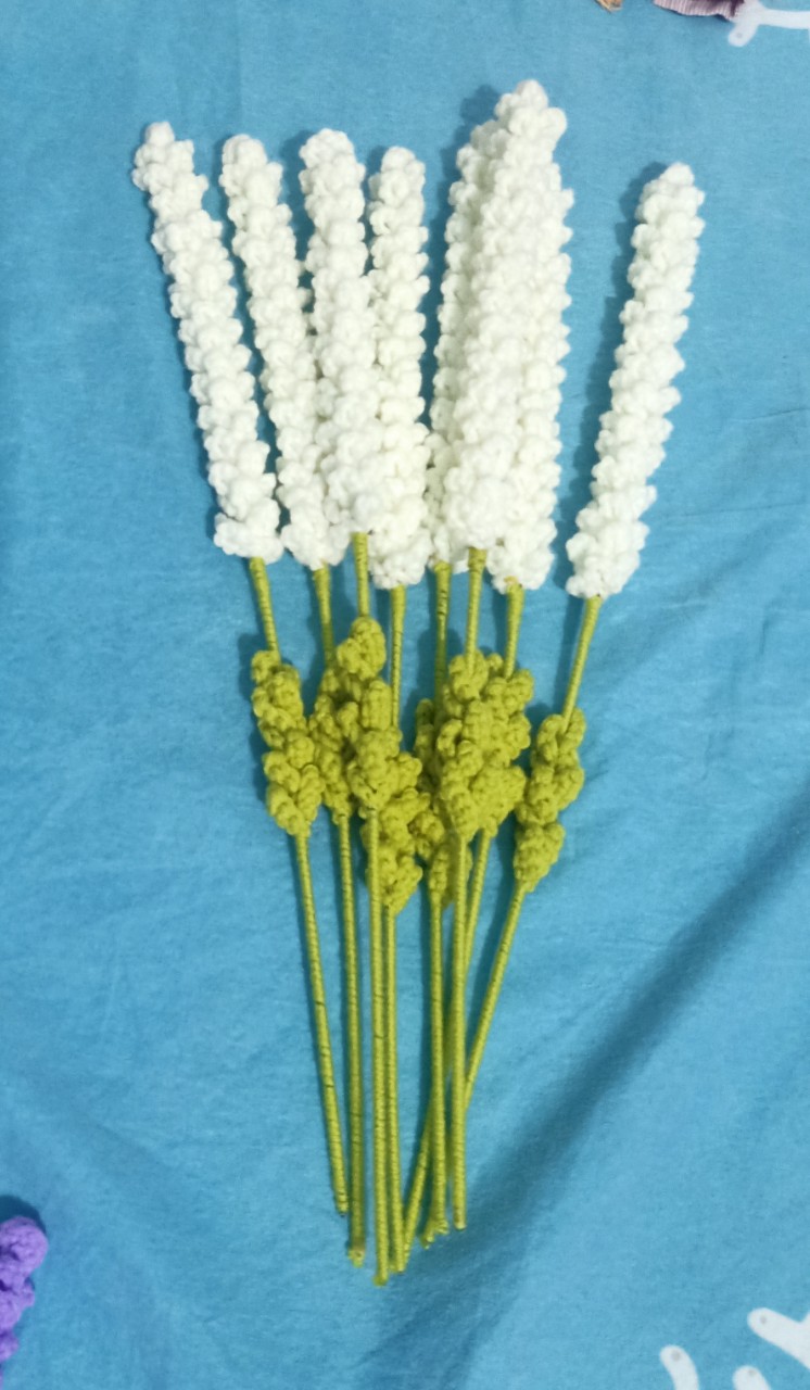 Combo 5 cành hoa LAVENDER chất liệu sợi len, hàng đan thủ công chiều dài 40cm được quấn len nguyên cành lá và hoa