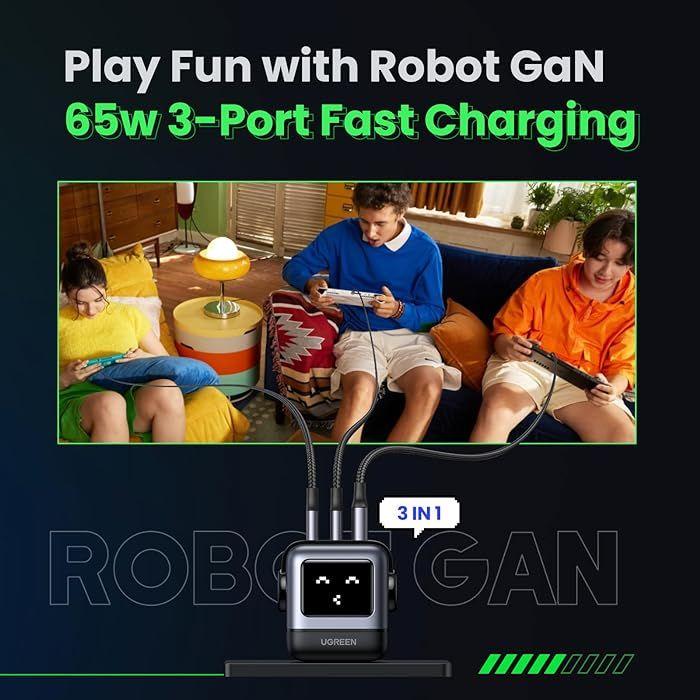 Ugreen UG15570CD361TK 65W 2c1a RG robotGaN with LCD bộ sạc Nexode robot chuẩn PD GaN 3 cổng chân cắm dẹp US RoboGaN màu xám đen 2 cổng usb type c và 1A - HÀNG CHÍNH HÃNG