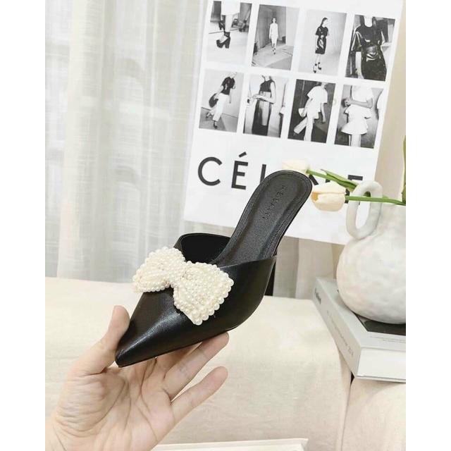 Giày cao gót bít mũi nơ hạt kết ngọc siêu đẹp