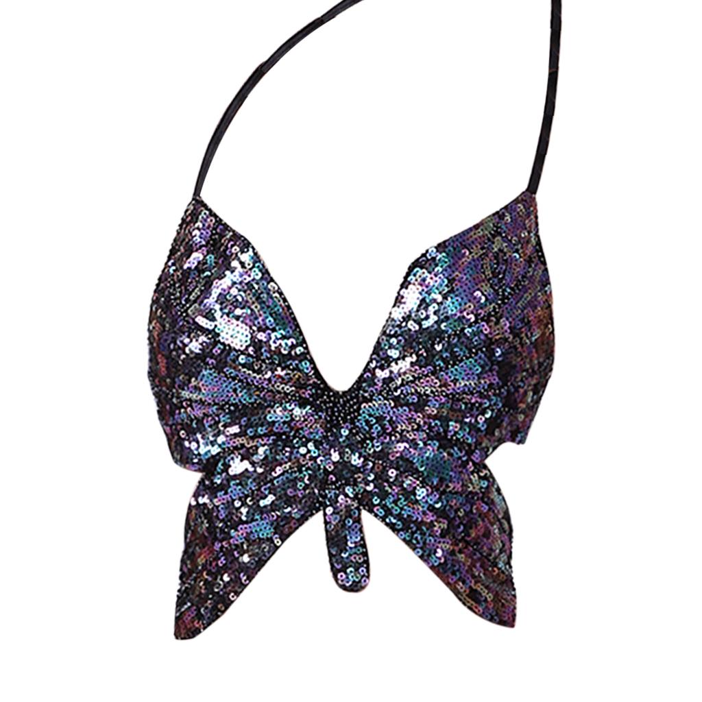 Womens Glitter Belly Dance Bra Sequin Butterfly Halter Crop Top Sexy Latin Sequins Costume Tribal Festival Party Club Wear