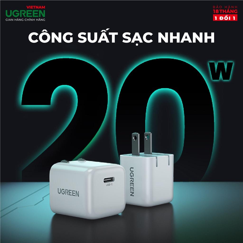 Củ sạc mini nhanh 20W CD249 UGREEN Cổng sạc nhanh PD 3.0, QC 4.0 - Thiết kế mini, chân cắm gập gọn- Hàng Chính Hãng