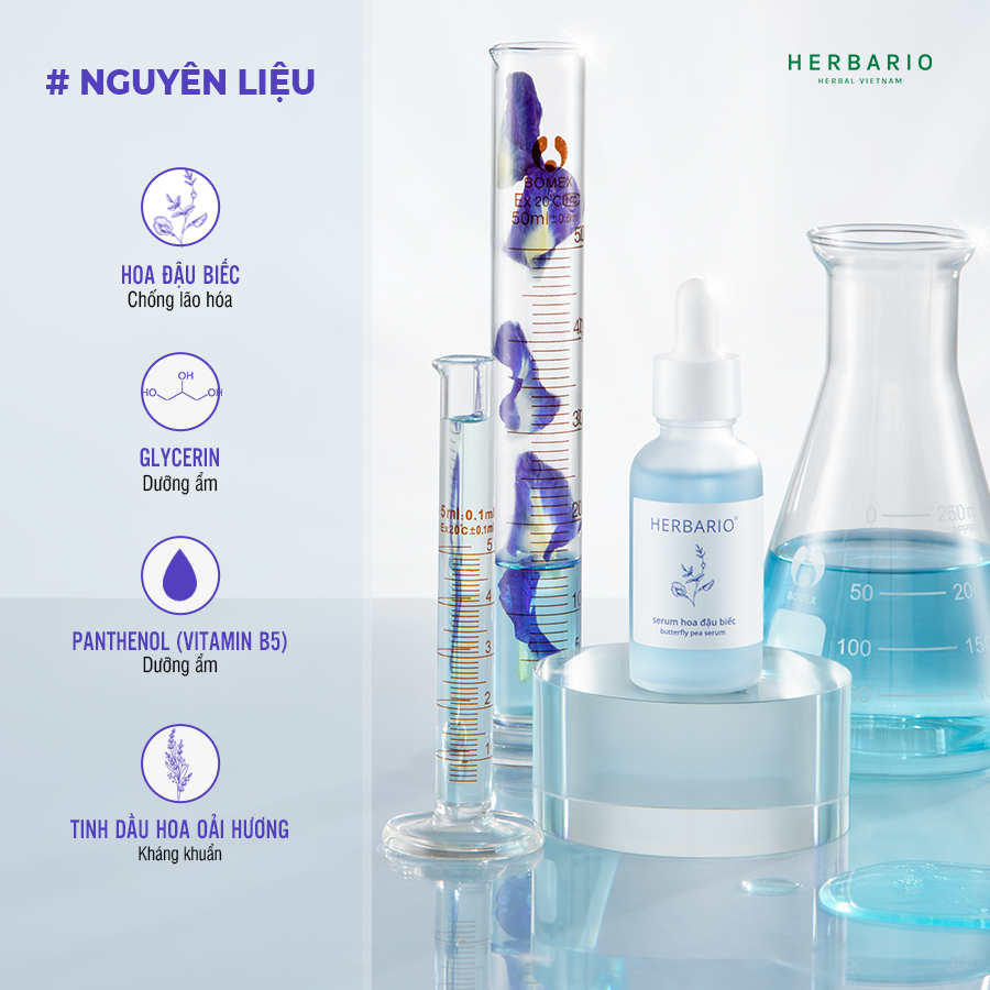 Bộ 5 Hoa Đậu Biếc Herbario: Nước tẩy trang 300ml +Sữa rửa mặt tạo bọt 100ml+mặt nạ 30ml + Toner 200ml + Tinh chất 30ml