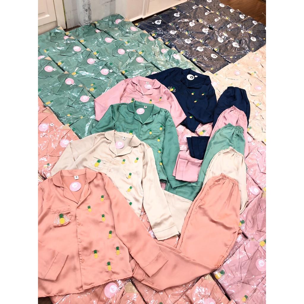 Bộ ngủ lụa Pijama mặc ở nhà họa tiết dứa nhí chất lụa Satin ( Ảnh chụp thật 100%)