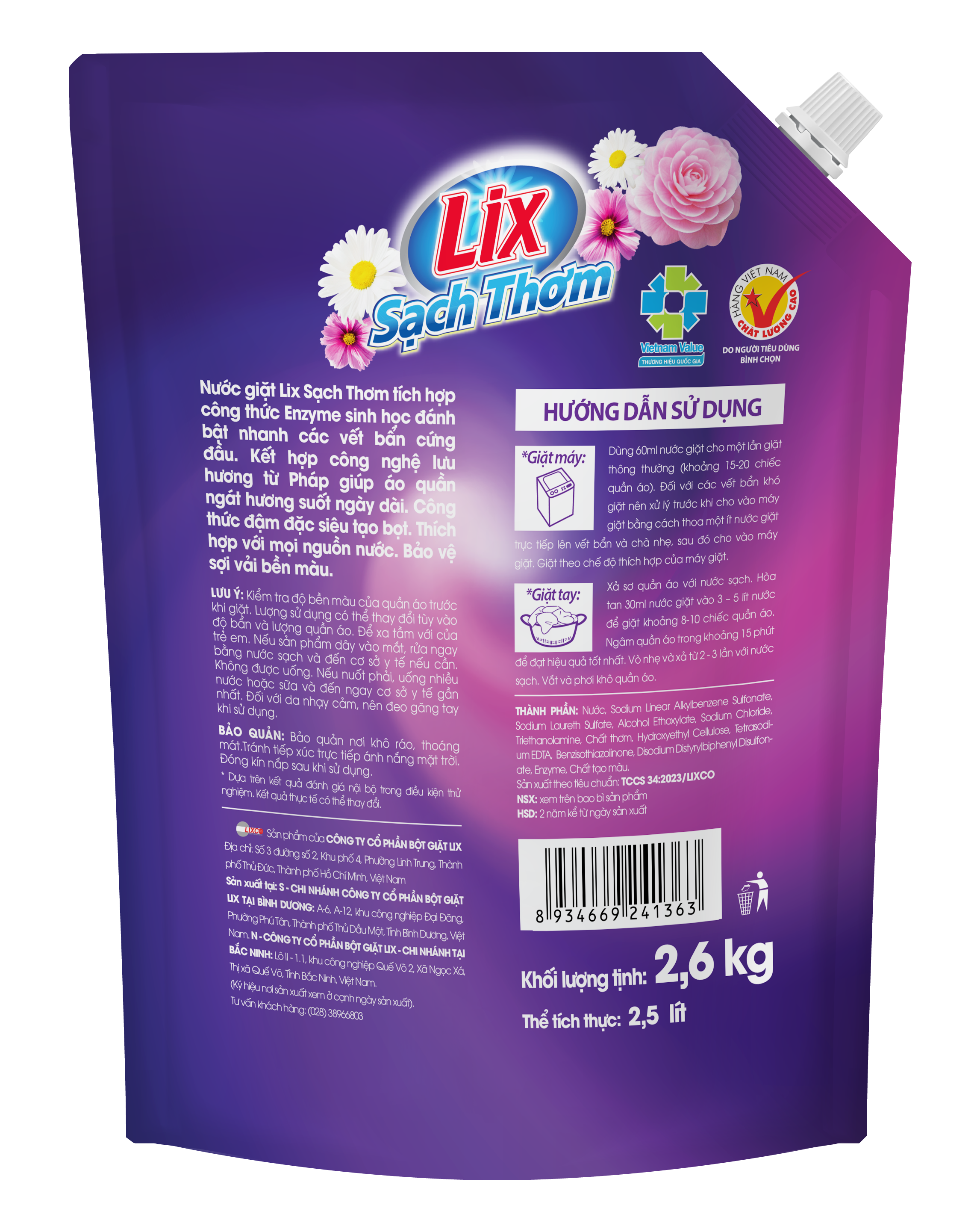 Túi Nước giặt Lix Sạch Thơm hương ngàn hoa 2.6Kg N7402 - chứa hạt lưu hương cho ngày dài thơm ngát