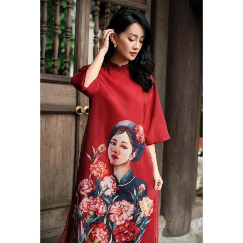 Áo dài đỏ vải t..ơ organza in họa tiết Tết xinh xắn