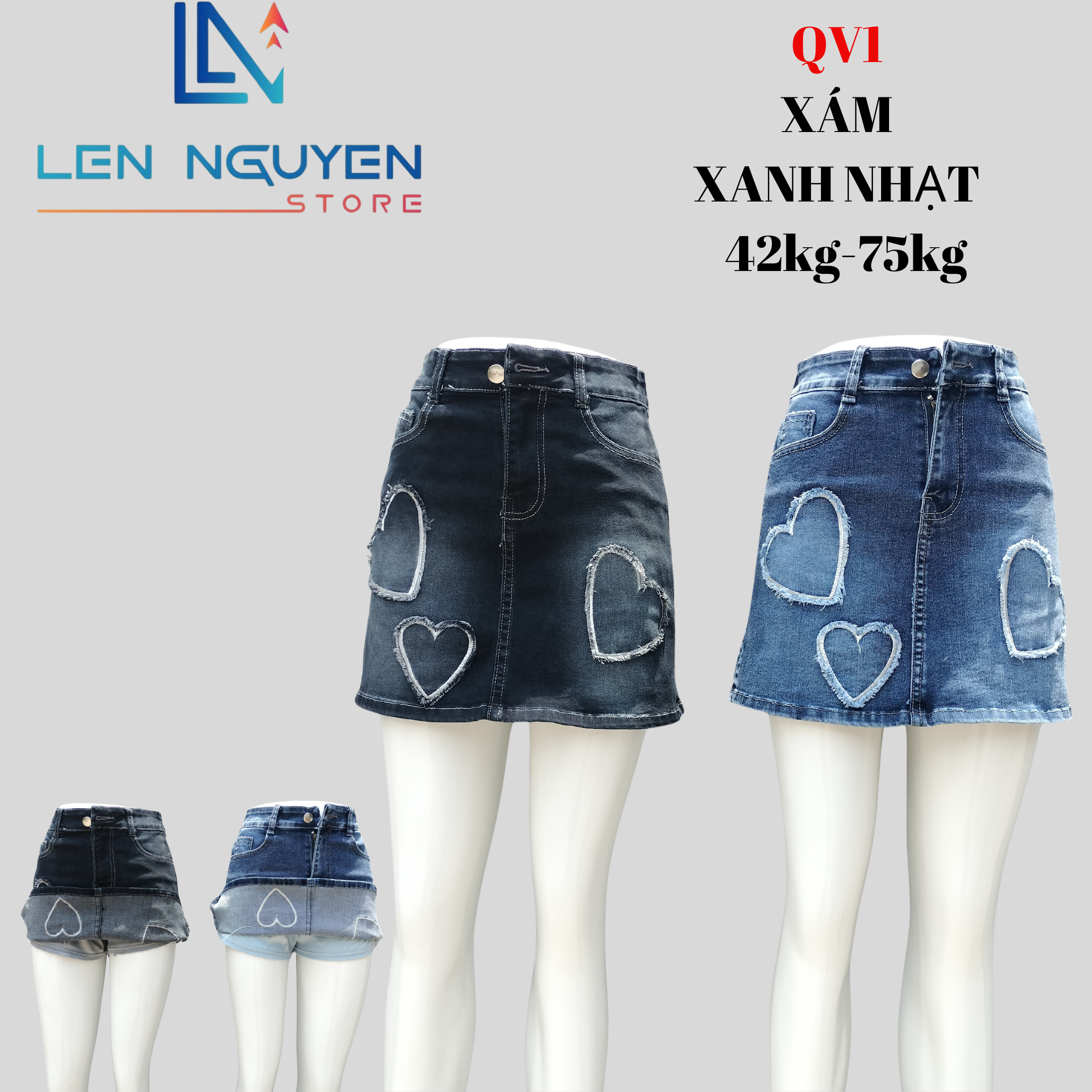 QV1_ Quần váy jean nữ có lót quần xám và xanh nhạt Lưng Cao 2 Nút QUẦN VÁY JEAN (BÒ)  43kg đến 75kg 27-35 Vải Cao Cấp Co Giãn ,Mềm Mịn Thoáng Mát Nữ Women Voan