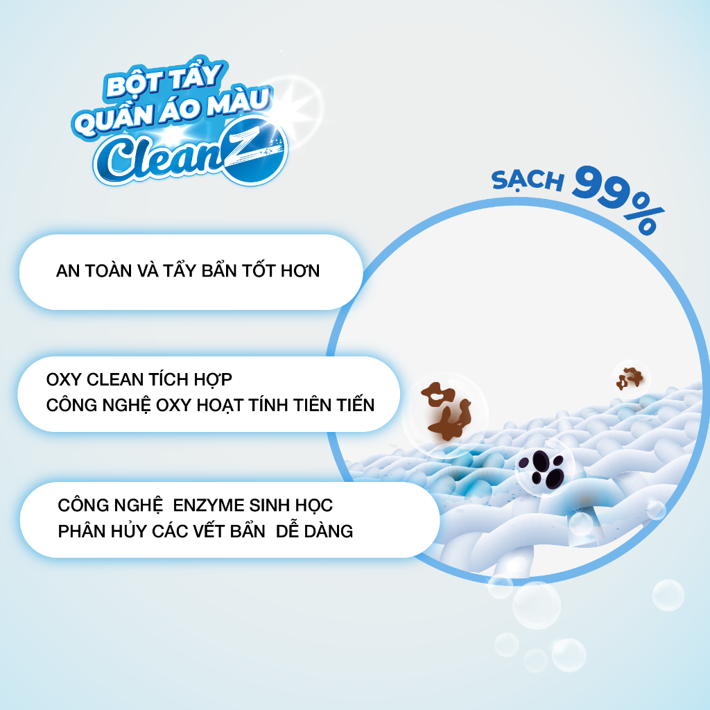 Bột tẩy quần áo màu CleanZ 300g đánh bay vết bẩn, ố màu giúp làm sạch quần áo như mới