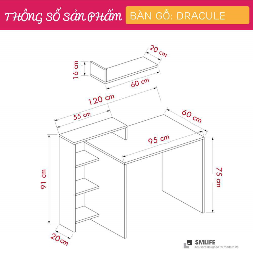 Bàn làm việc, bàn học gỗ hiện đại SMLIFE Dracule  | Gỗ MDF dày 17mm chống ẩm | D120xR60xC91cm - Màu