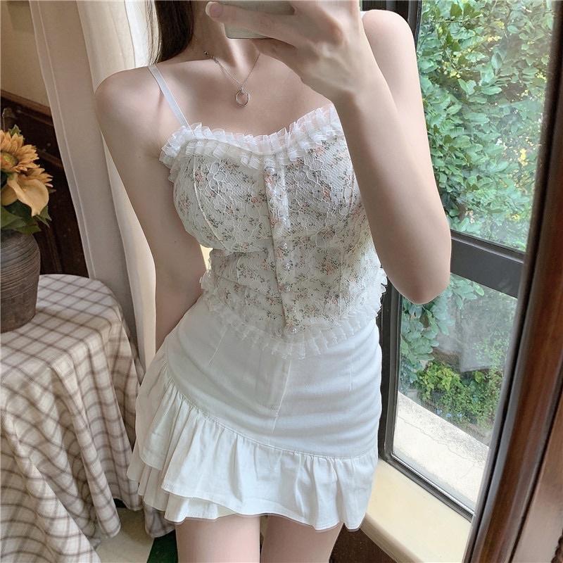 Áo 2 Dây Nữ Ren Hoa Tiểu Thư Đính Hạt Viền Bèo, Chun Sau Dáng Croptop Siêu Sang Chảnh Có Mút Ngực 1202