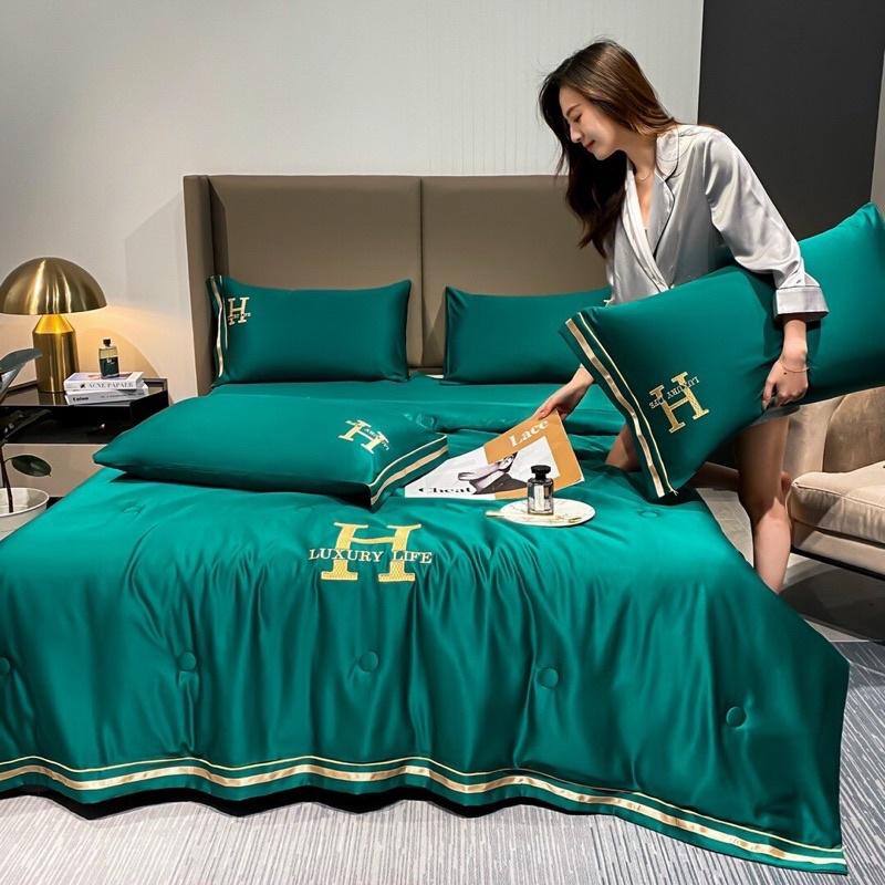 Bộ chăn Trần hè ga gối phi lụa thêu chữ H-LUXURY Life sang trọng,mềm mịn