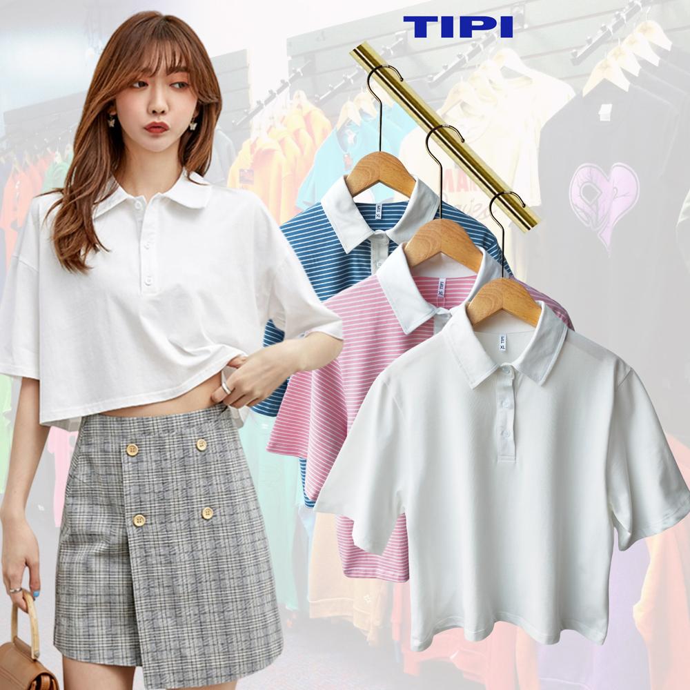 Áo croptop polo nữ tay ngắn kẻ sọc, chất vải 100% cotton, phong cách trẻ trung và thời trang cho mùa hè - Trắng trơn