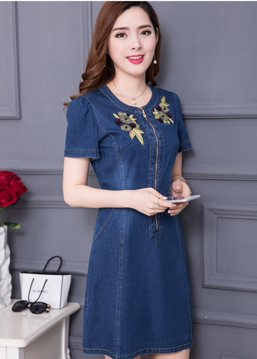Đầm Jean Nữ Ngắn Tay Thêu Hoa Duyên Dáng