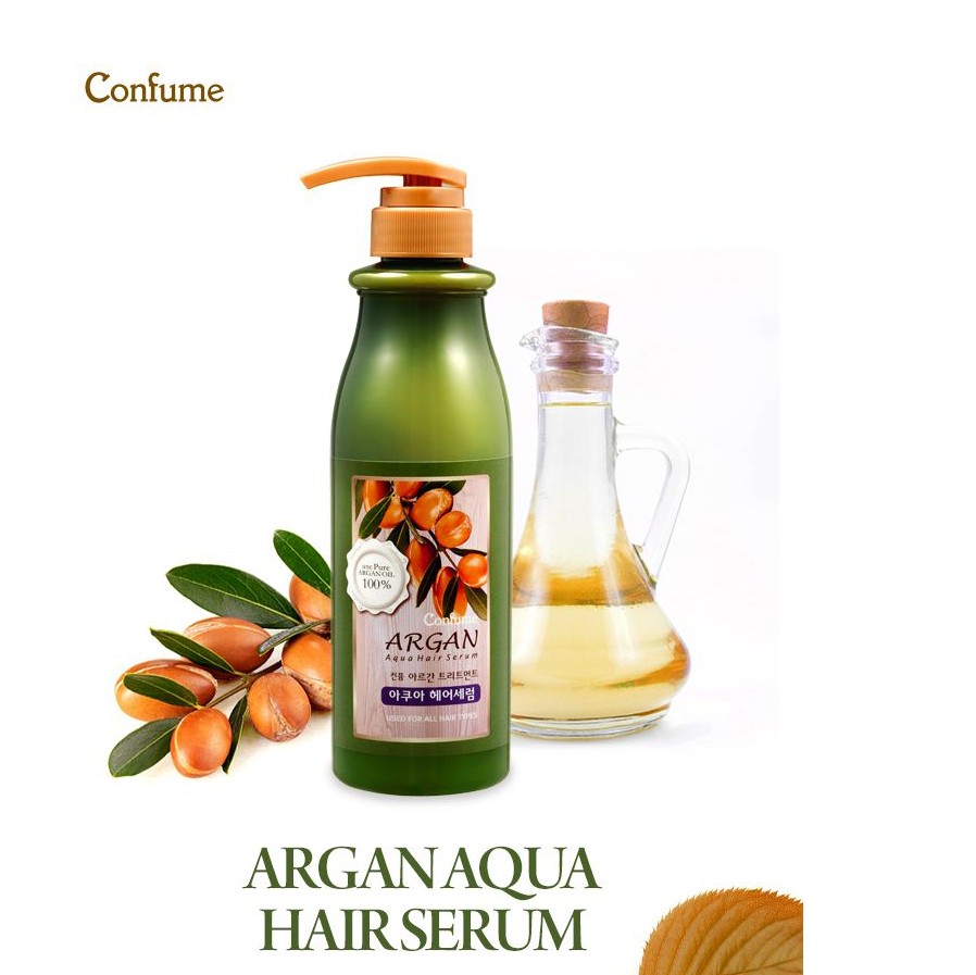 Dưỡng tóc thảo dược Argan cấp ẩm và hỗ trợ điều trị tóc khô hư tổn Confume Treatment Aqua Hair Serum 500ml tặng móc khóa