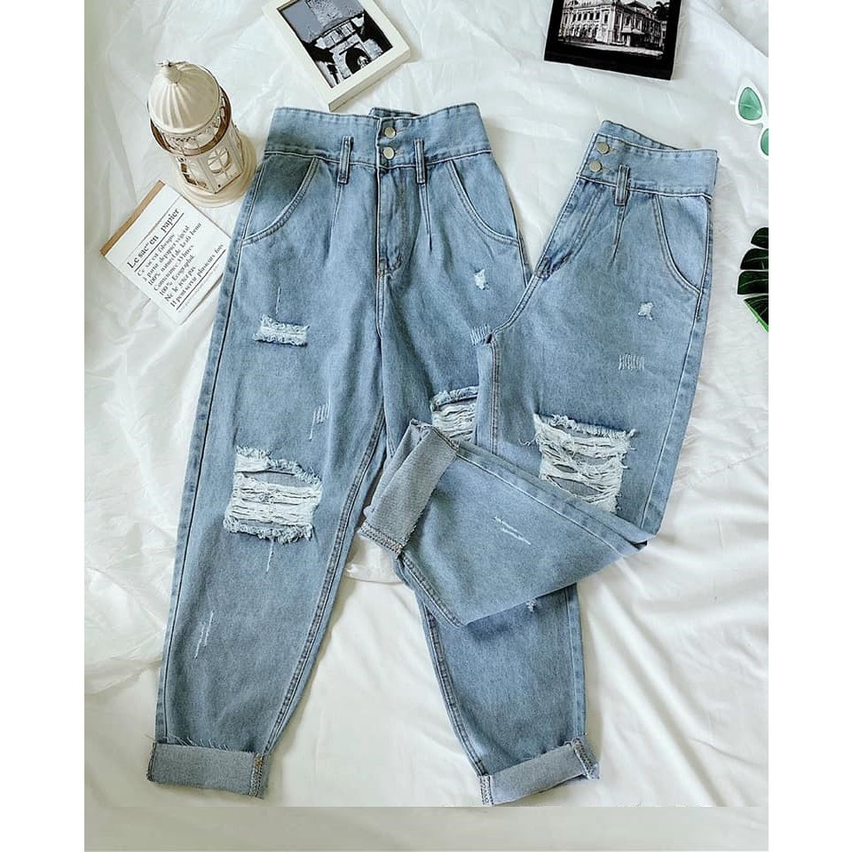 Quần baggy jean nữ rách gối lưng kiểu phối 2 nút