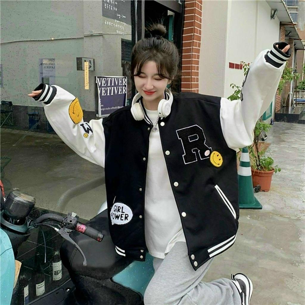 Áo Khoác Bomber Nỉ - Cardigan Chữ R Mặt cười Unisex Hàn Quốc -Nam Nữ mặc Chống Nắng , lạnh - Freeship Rẻ Đẹp