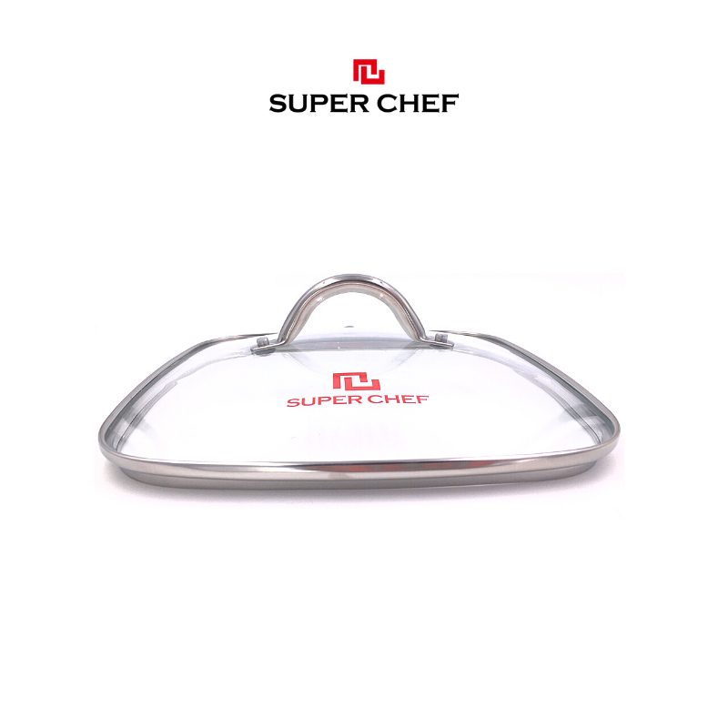 Nắp Kính Cường Lực Super Chef Vành Inox Chảo vuông có 2 size là 20 - 24cm