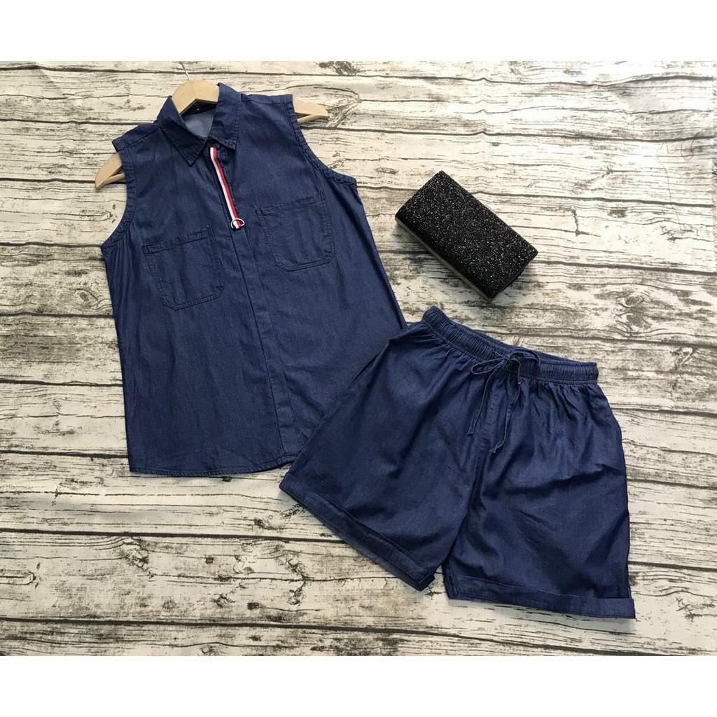 Set Bộ Denim Quần Short Áo Sát Nách, Set Bộ Jean Denim Cá Tính Dạo Phố, Đi