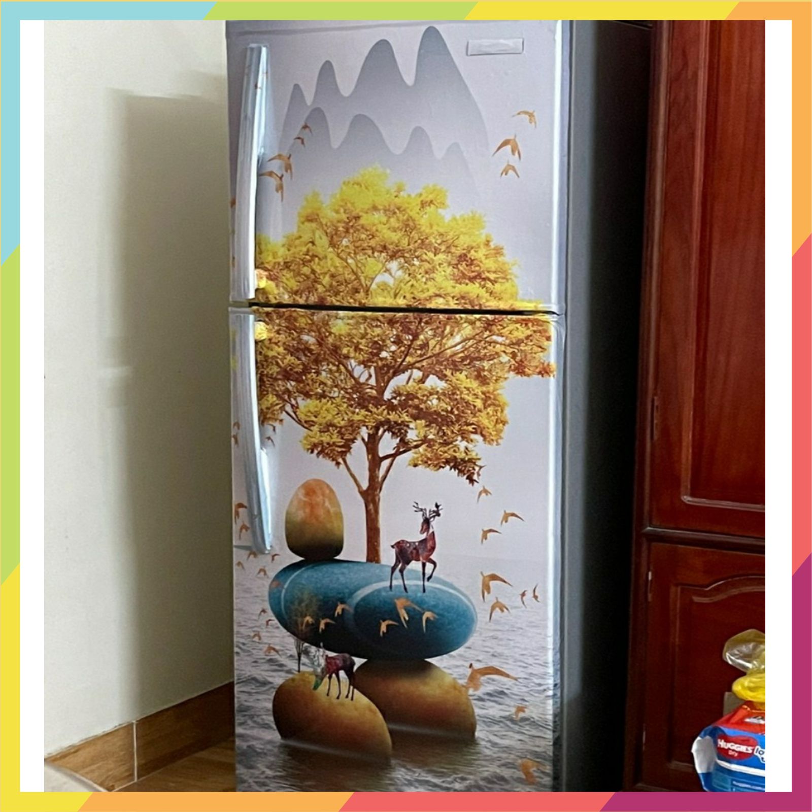 Decal dán tủ lạnh dán máy giặt in hình cây ngân hạnh, bao gồm 4 kích thước chọn lựa, mẫu in sắc nét keo bám dính tốt