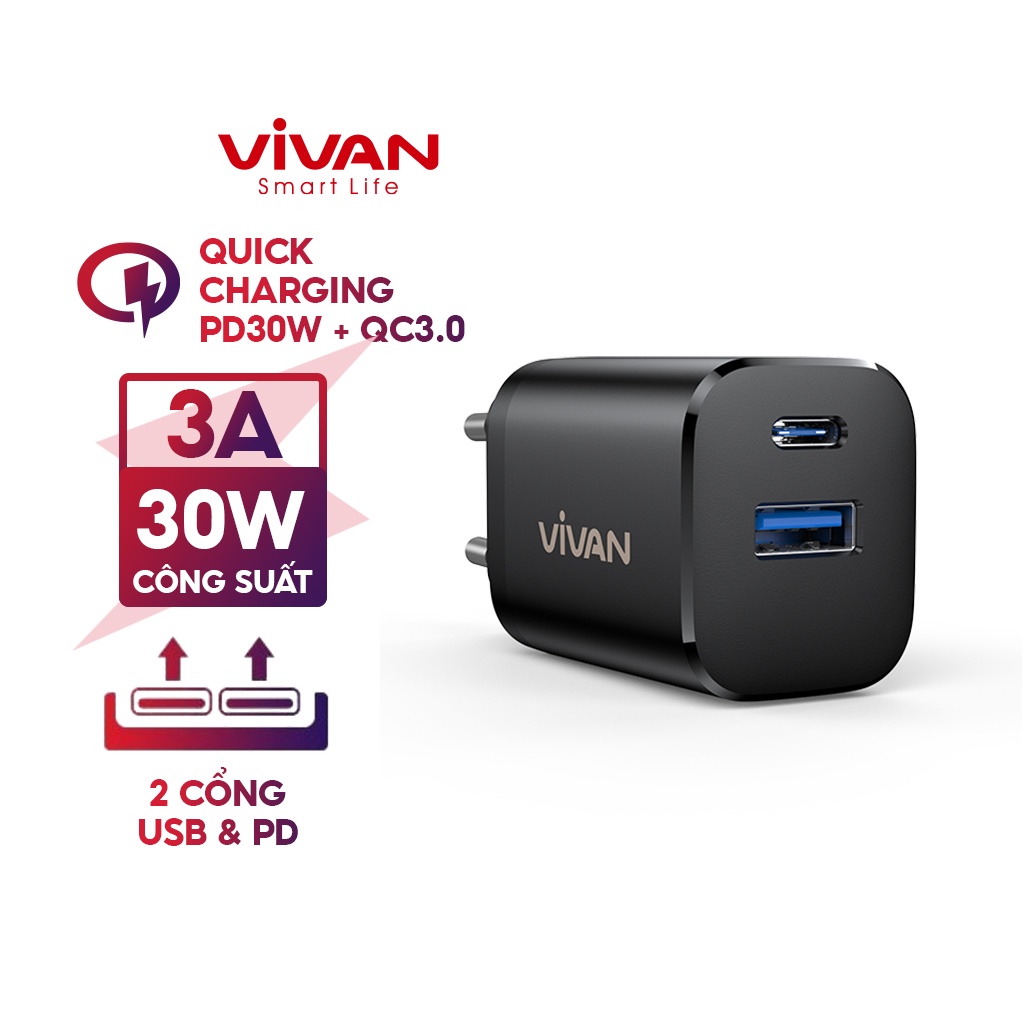 Cốc Sạc Nhanh VIVAN Power Super 30 Công Suất 30W 2 Cổng USB & Type-C Sạc Nhanh Chuẩn QC 3.0 PD Kèm cáp Type-C - Hàng Chính Hãng