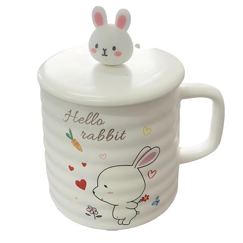 Ly sứ có quai, Ly thuỷ tinh dễ thương, Quà lưu niệm, họa tiết cute, kèm muỗng và nắp hình thỏ 450ml