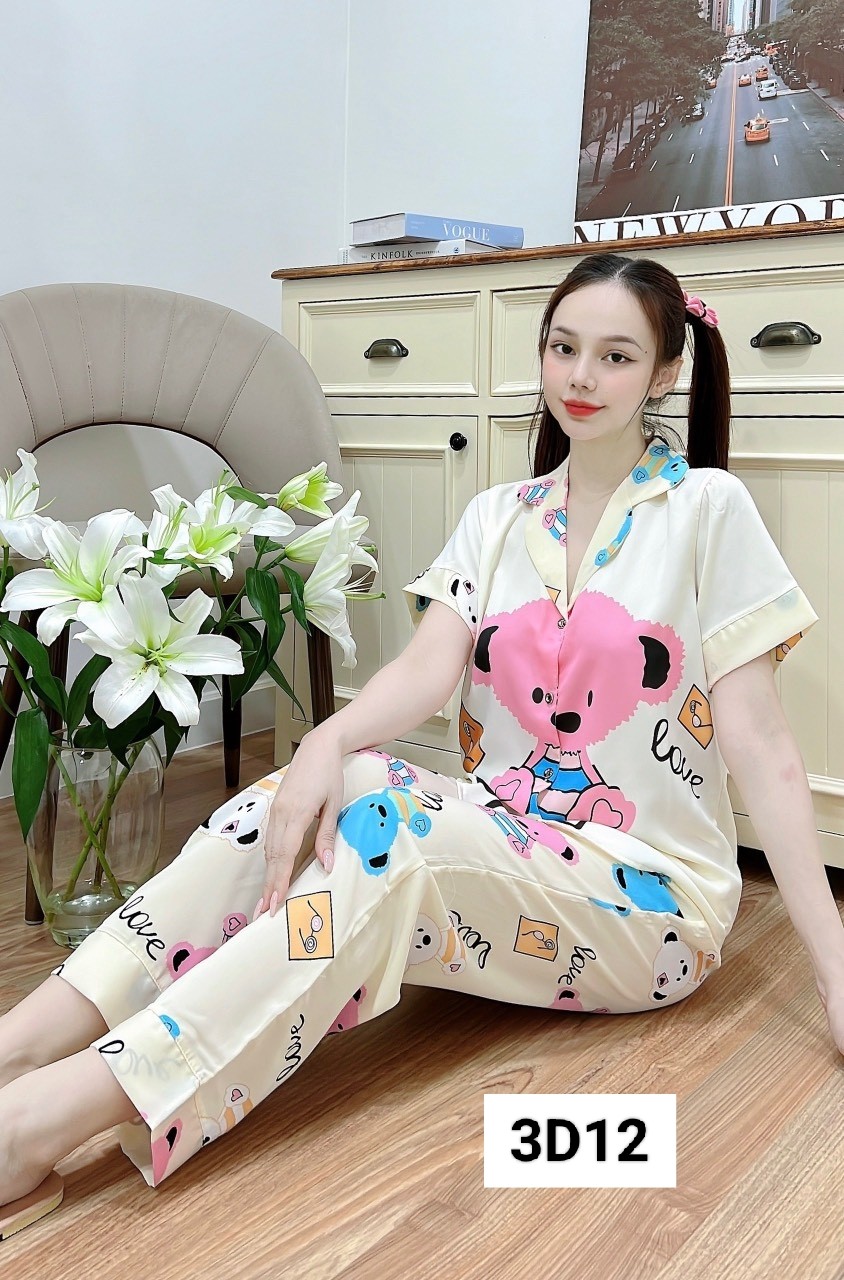 Bộ pijama nữ mặc nhà lụa thiết kế 40-60kg tay ngắn quần dài 3D12