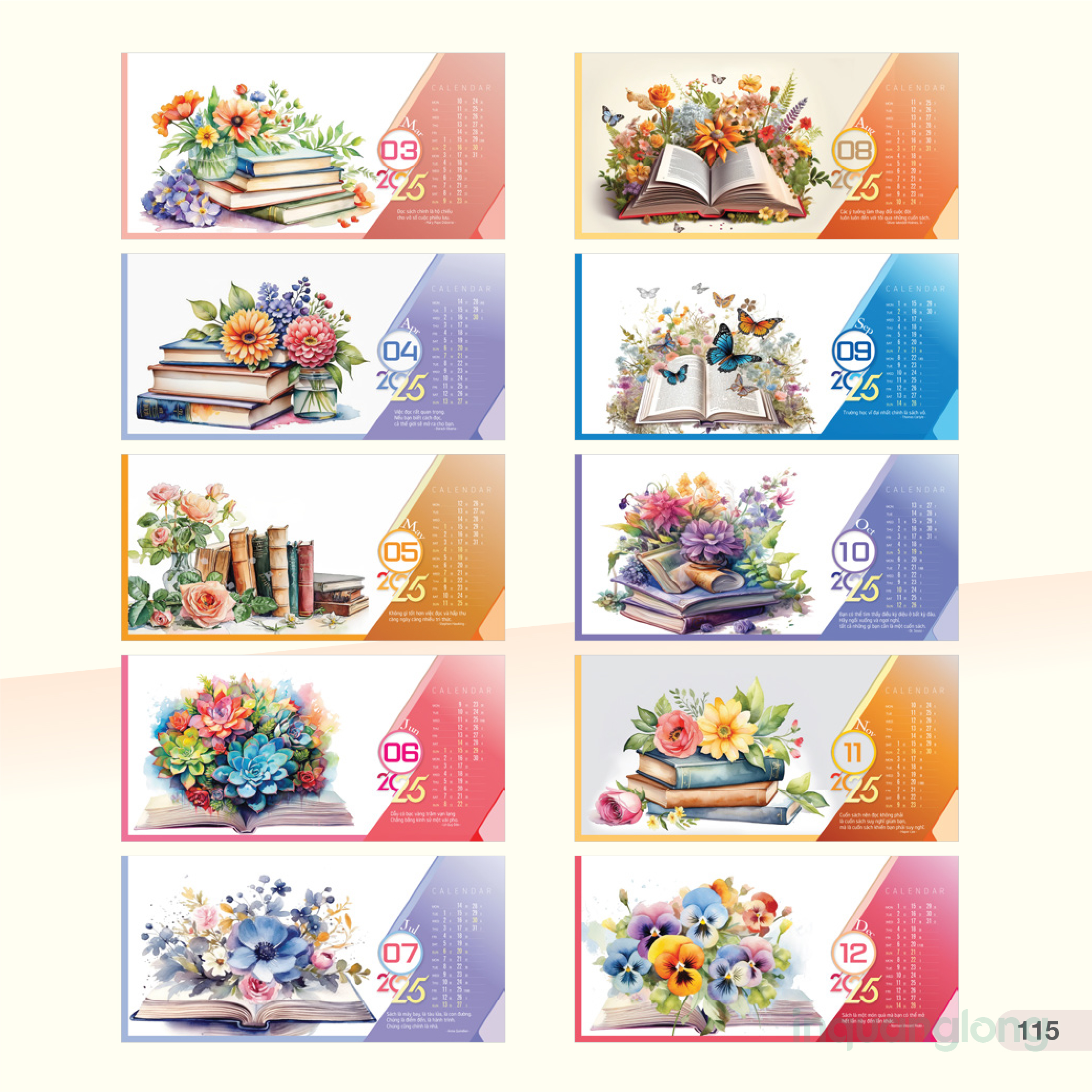 LỊCH BÀN 2025 - Sách và Hoa AH89 - Kích Thước 24x16cm