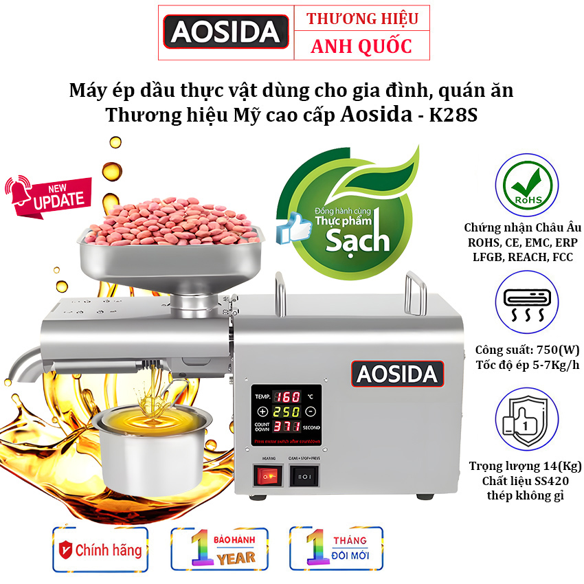 Máy ép dầu thực vật dùng cho gia đình AOSIDA K28S Thương hiệu Anh Quốc cao cấp, Công suất 1100W, 1 giờ ép 5-7.5 kg nguyên liệu - Hàng nhập khẩu