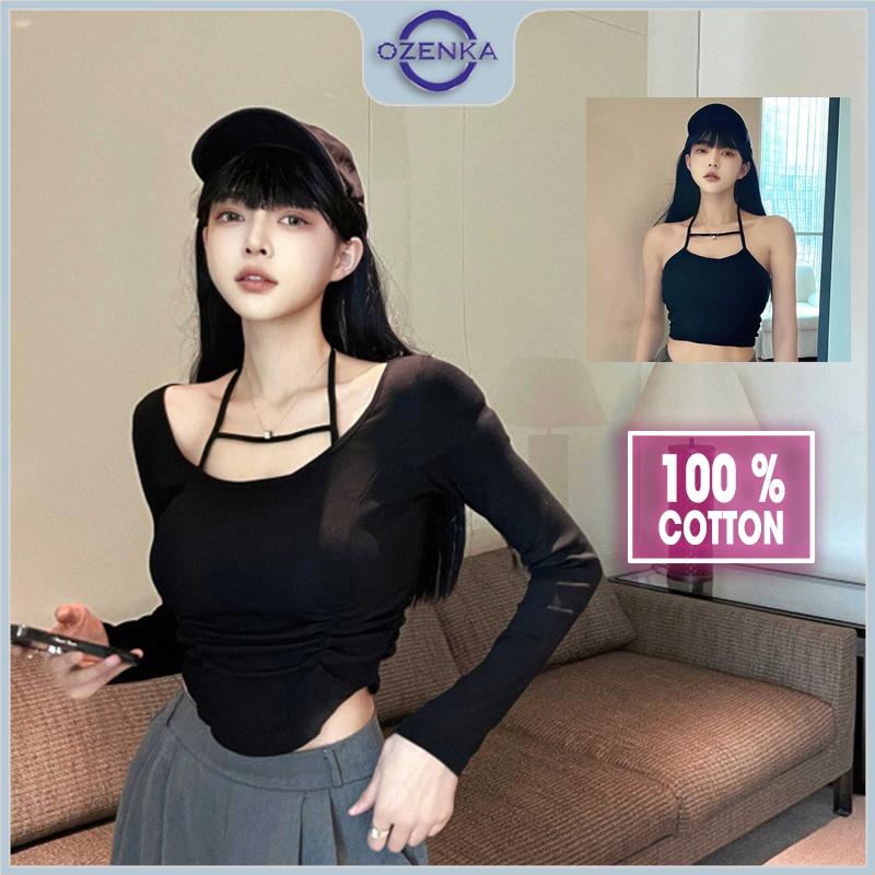 Set áo croptop nữ tay dài kiểu Hàn Quốc OZENKA , áo crt ôm body vạt bầu nhún eo cổ rộng thun gân 100% cotton màu đen