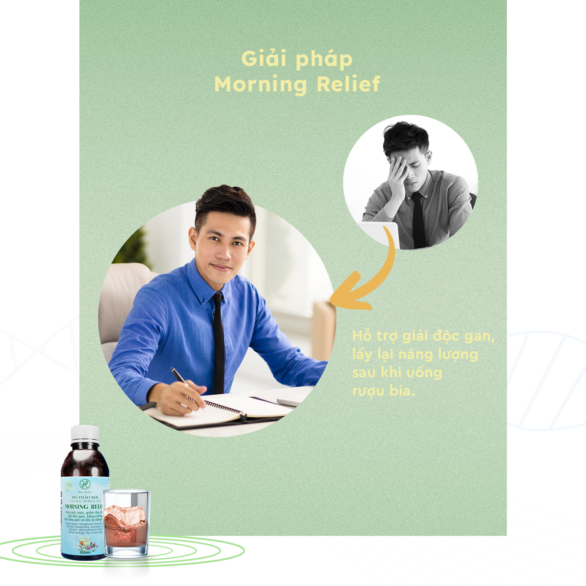 TRÀ THẢO MỘC GIẢI RƯỢU BỔ GAN HERBIO MORNING RELIEF - xóa tan cảm giác mệt mỏi, đau đầu sau khi dùng rượu bia, giảm tác hại của rượu bia lên gan, lấy lại năng lượng cho cơ thể - CHAI 100ML