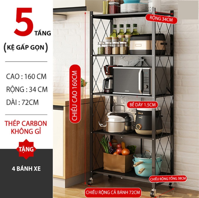 Kệ Để Đồ Trang Trí Gấp Gọn 5 Tầng Thông Minh Có Bánh Xe