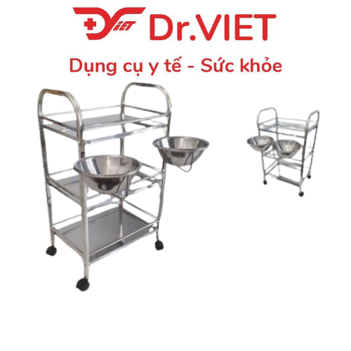 Xe đẩy Inox DrViet - 35x50 - 3 tầng - Không hộc - 2 vòng thau